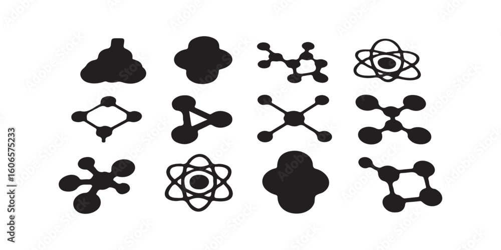Poster various black molecule and atom icons arranged in a grid pattern on a plain white background image