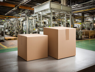 Two large cardboard boxes on table in modern factory hall with automated machinery in the background, logistics concept