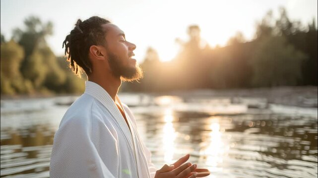 Young man baptism wearing a white keikogi meditates by a peace at sunset, finding river and balance in nature video 4k