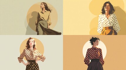 Fashion illustrations of women in polka dot shirts and skirts against orange and beige backgrounds