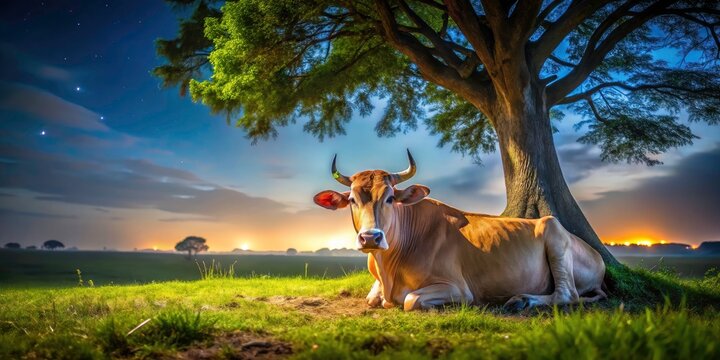 Night's gentle embrace: a lone cow, serene under a starlit tree, depicted with a long-shot rack focus for a mesmerizing effect.