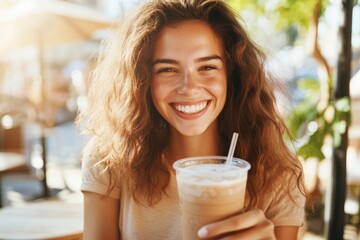 Happy woman drinking iced coffee outdoors at cafe in summertime
