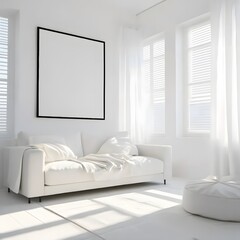 Fototapeta premium Bright and airy modern living room with a comfortable white sofa and a large blank picture frame on a white wall bathed in natural sunlight