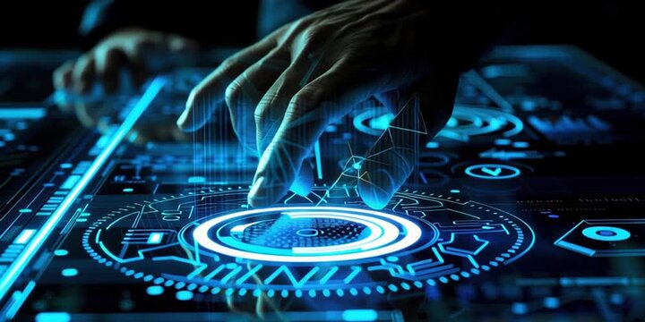 Futuristic touch interface interaction with glowing digital elements