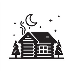 Winter night cabin icon. Cozy log house with smoke from chimney in a pine forest under a starry sky. Christmas holiday vector illustration.