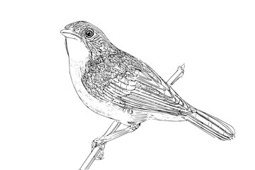 Detailed line drawing of a small bird perched on a branch with intricate feather details and textures