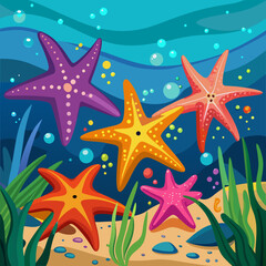 Colorful starfish and bubbles underwater scene