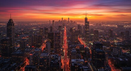 Obraz premium An awe-inspiring aerial view of a vibrant cityscape at sunset, bathed in the warm glow of an orange and purple sky, with illuminated streets and towering skyscrapers.