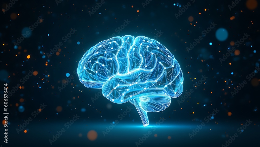 Poster glowing blue digital brain illustrating artificial intelligence and neural networks