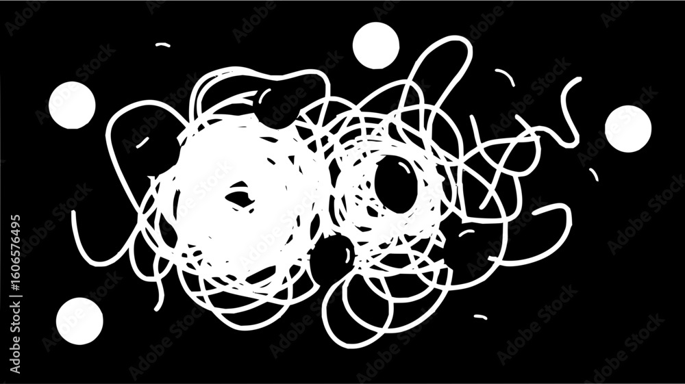 Poster illustration of white circles and tangled lines on a black background creating an abstract design lo