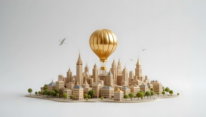 Miniature Cityscape with Golden Hot Air Balloon on White Background