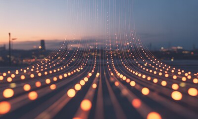Illuminated digital data streams converge on blurred city background