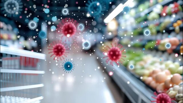 Viruses are entering a shopping cart of a supermarket, representing the risk a infection during in pandemic video 4k - Powered by Adobe