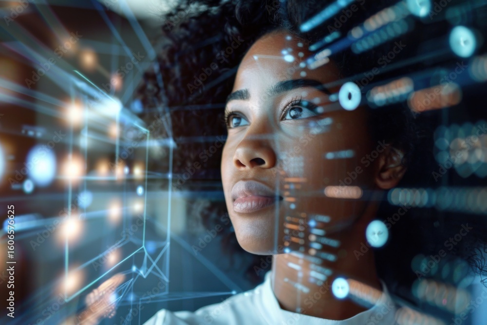 Fototapete scientist analyzing futuristic interface with augmented reality data projection