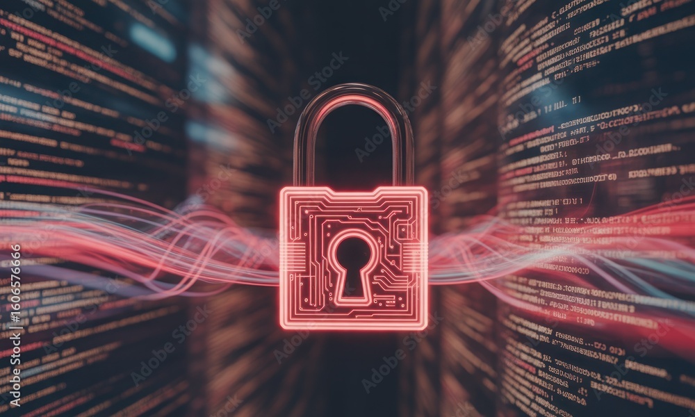 Aufkleber illuminated padlock over blurred lines of code signifies digital security
