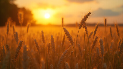 Fototapeta premium Cinematic golden hour glow in wheat fields. Ultra-realistic sunset over ripe wheat. Stunning golden hour photography of wheat. Captivating light effects in agriculture scenes.