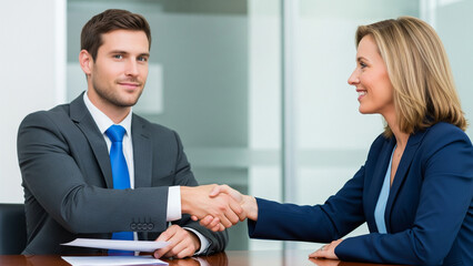 Business Handshake: Confident Man and Smiling Woman Sealing a Deal in Modern Office