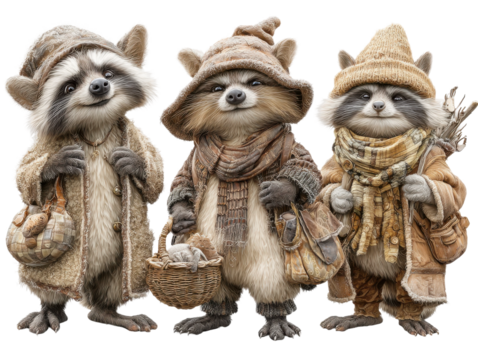 Playful raccoons in cozy attire forest clearing animal art whimsical. Isolated on transparent background, png.