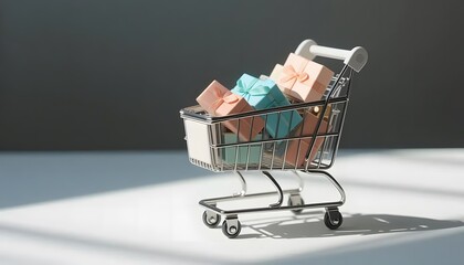 Miniature Shopping Cart with Pastel Packages on White Background