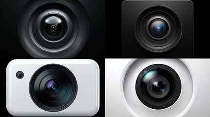 Close-up shots of four different camera lenses, detailing design and optical elements