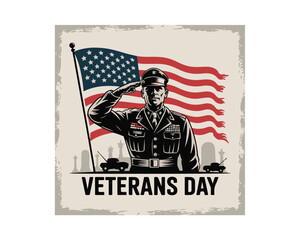 Veterans day illustration with saluting officer flag and tanks in patriotic theme design art