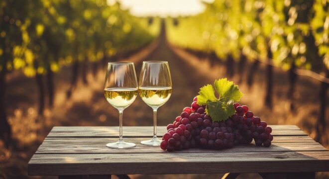 Two wine glasses of white wine beside red grapes on a wooden table amidst a vineyard at sunset