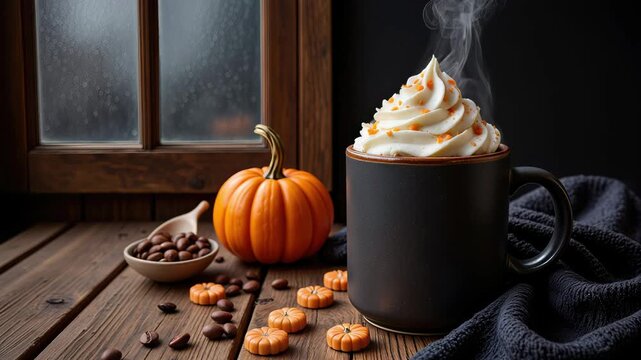 Steaming coffee cup with ghost cream, Halloween treats and ambiance