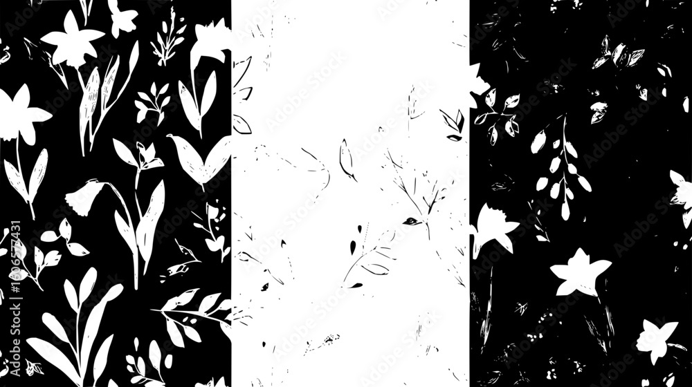Poster monochrome floral pattern featuring daffodils and various leaves in a split panel design of black an
