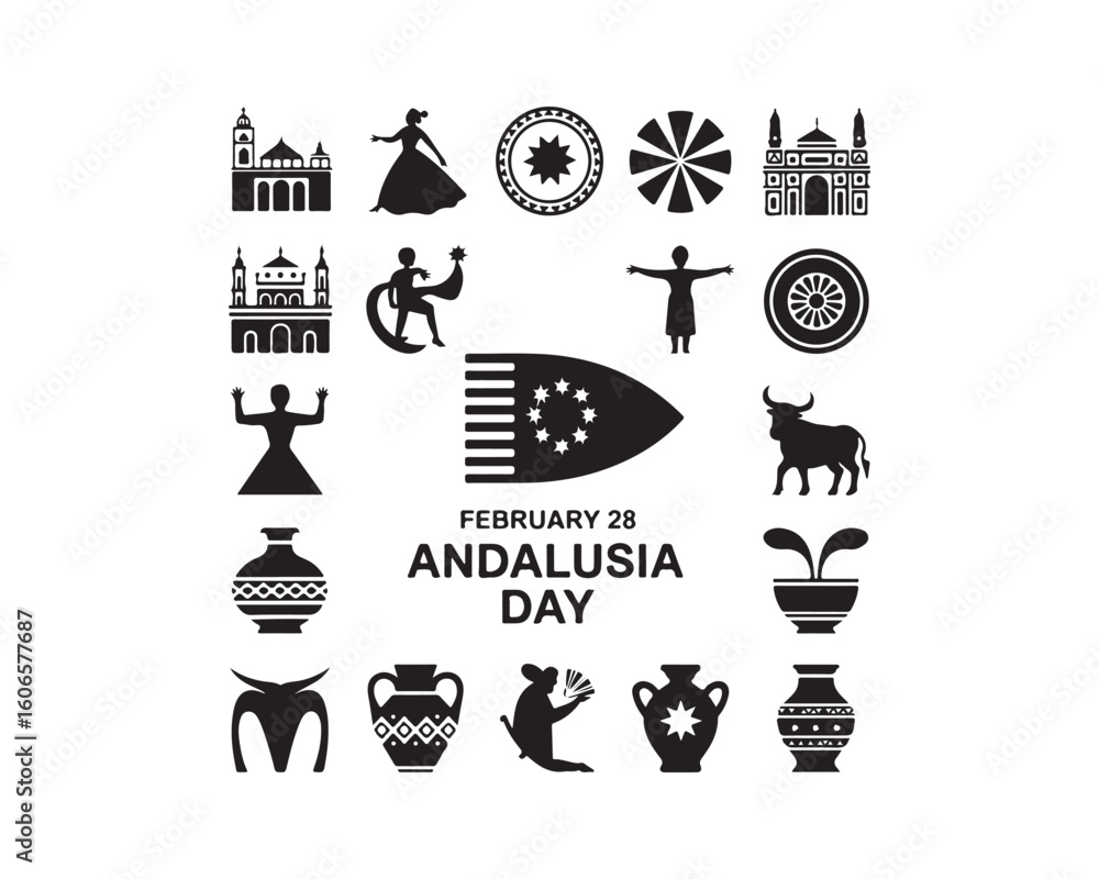 Fototapete black and white vector graphic of andalusia day symbols with february twenty eighth date text