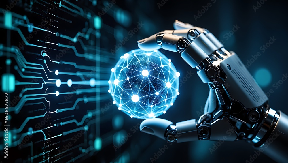 Poster robotic hand holding a glowing digital sphere with intricate network connections against a circuit b
