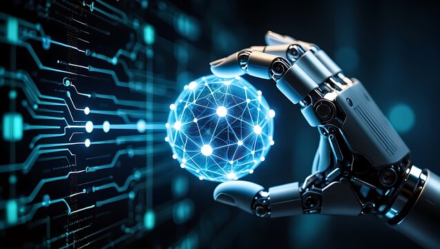 Robotic hand holding a glowing digital sphere with intricate network connections against a circuit board background