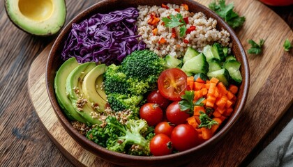 Fresh and nutritious vegetarian buddha bowl featuring vibrant raw ingredients.