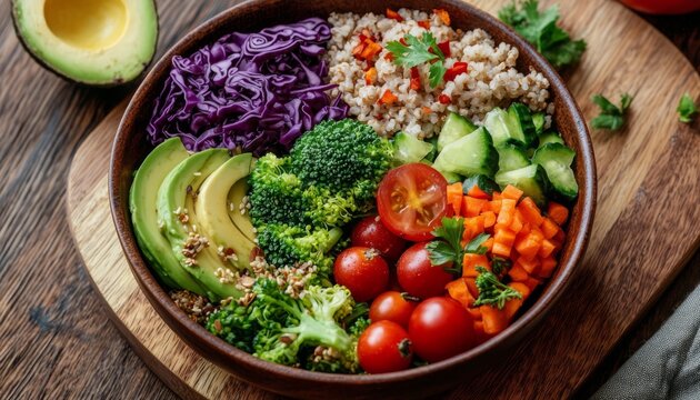 Fresh and nutritious vegetarian buddha bowl featuring vibrant raw ingredients.