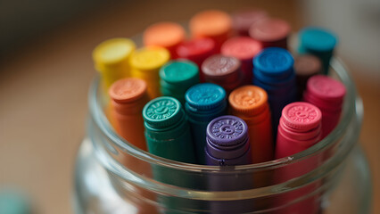 multi-colored marker caps in jar. ultra realistic marker collection. vibrant marker cap display. colorful art supplies close-up.