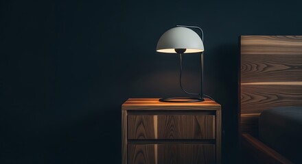 Wooden nightstand with a table lamp in a dark room.