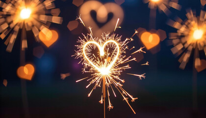 Heart shape created by sparkler illuminates night, surrounded by glowing sparks and soft bokeh effects, evoking joy and celebration