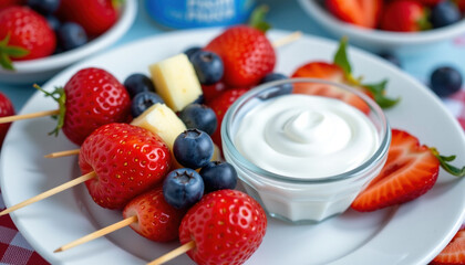 Fresh fruit skewers with strawberries, blueberries, and pineapple served with creamy dip create delightful summer treat