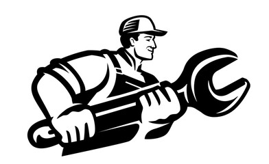Mechanic with wrench emblem. Technician, engineer, industrial worker and working tool. Construction works, repairs