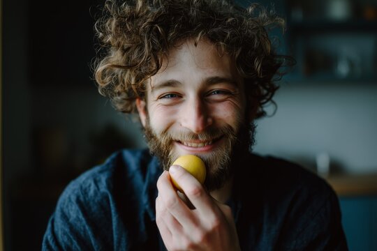 Curly-haired man smiling indoors, holding a small yellow citrus fruit close to his face in a happy moment.