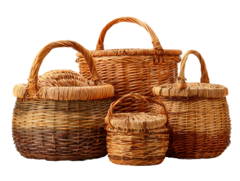 Crafted wicker baskets for home decor natural style studio view. Isolated on transparent background, png.