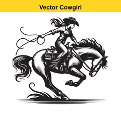 Naklejka premium Cowgirl & Racing Horse – Vector Line Art.