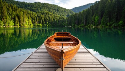 Naklejka premium Wooden boat on tranquil lake, surrounded by forest
