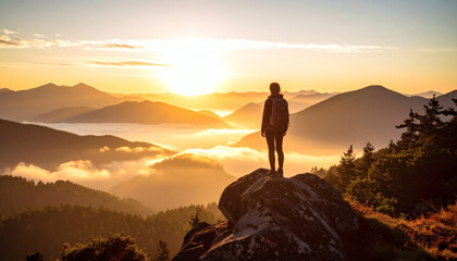Fototapeta premium Summit Serenity: Person Silhouetted Against Mountain Sunrise
