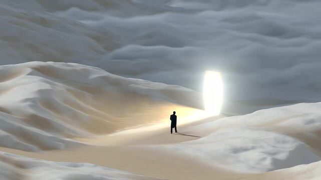 Silhouetted figure walking towards a neon gate in the dunes