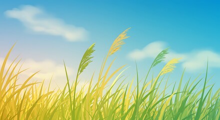 Fototapeta premium Whispers of Spring A Symphony of Grass and Sky, Summer Serenity Blue Skies and Verdant Fields