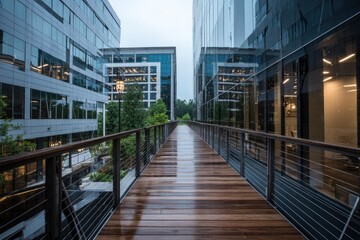 Wet wooden bridge between modern buildings with glass windows railings showing reflections office lights in windows