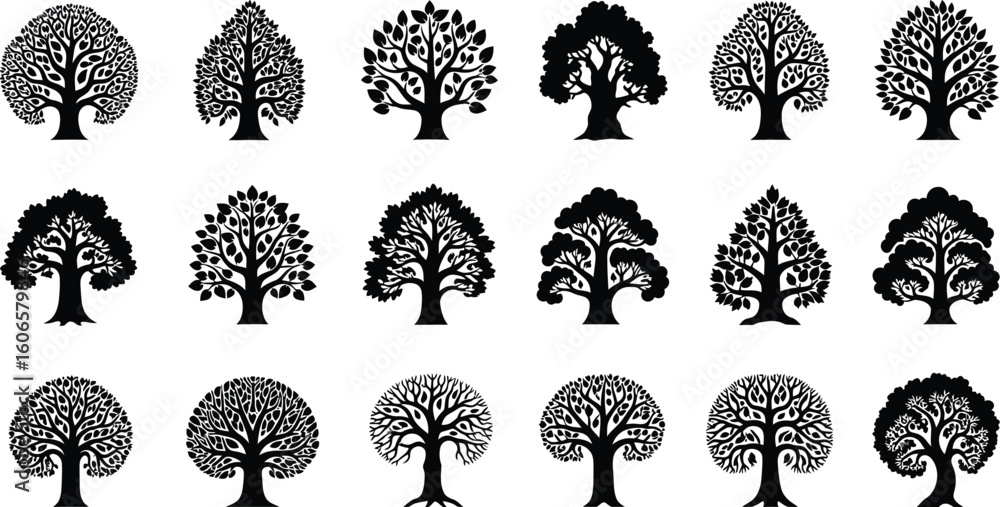 Aufkleber collection of various shaped tree silhouettes, featuring different leaf styles and branch structures