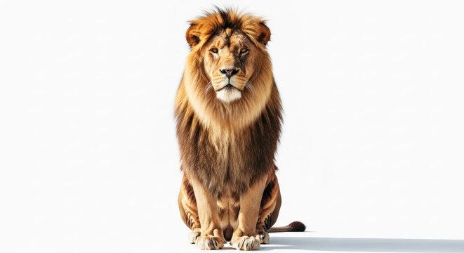 Majestic lion sitting upright, facing forward on white background