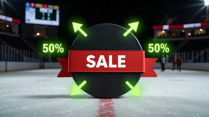 Hockey puck with SALE ribbon on ice – Black Friday sale promotion, urgency