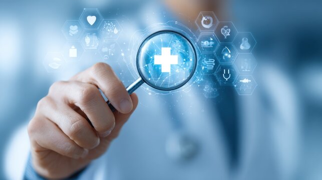 Healthcare Research & Magnifying Glass: A close-up shot reveals a hand holding a magnifying glass with a medical cross symbol at the center, surrounded by healthcare icons.